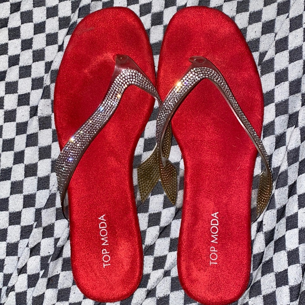 velvet red sparkle strap flip flops